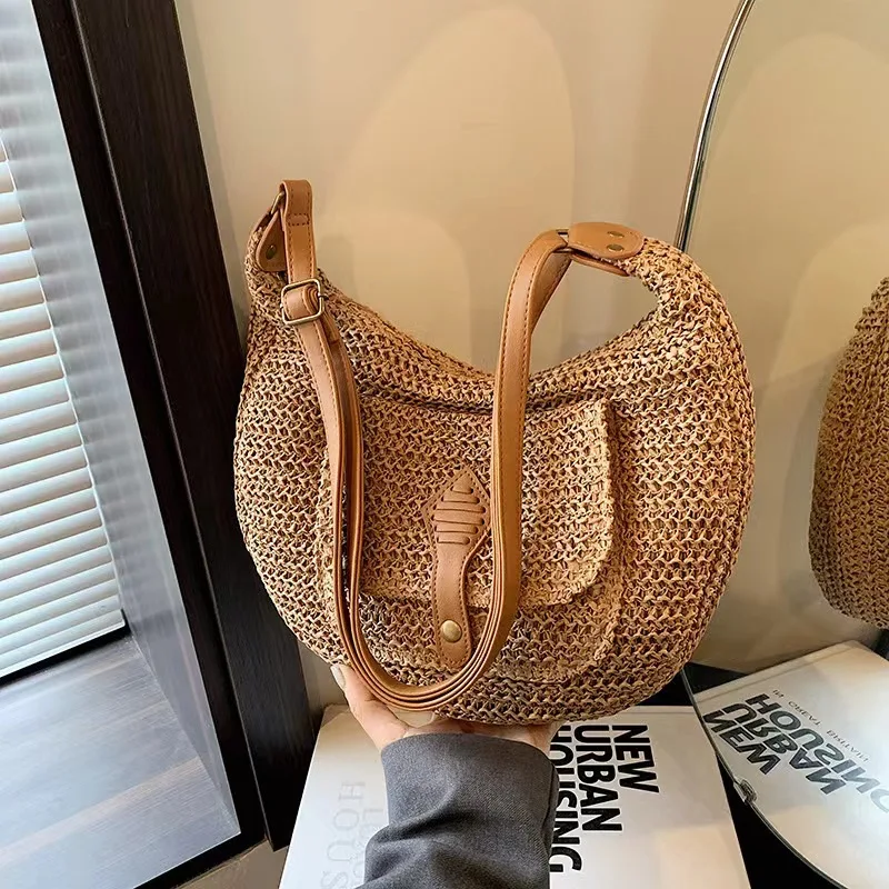 

Versatile Casual Woven Bag Large Capacity Shoulder Bag Women's Summer Beach Tote Bag Elegant Buckle PU Spliced Underarm Bag