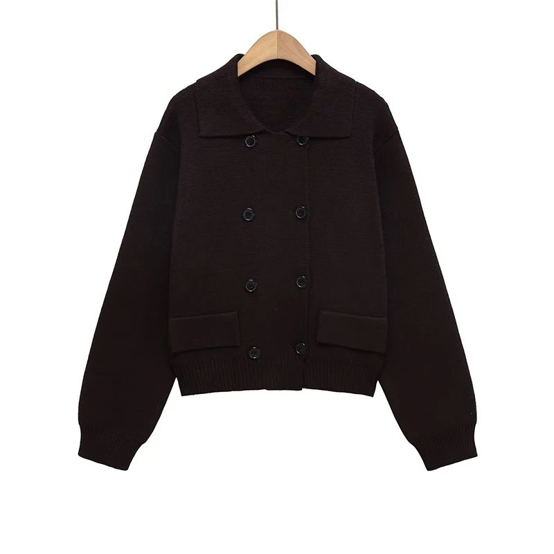 

YENKYE Fashion Women Double Breasted Casual Knit Cardigan Long Sleeve Lapel Collar Autumn Winter Sweater Coat