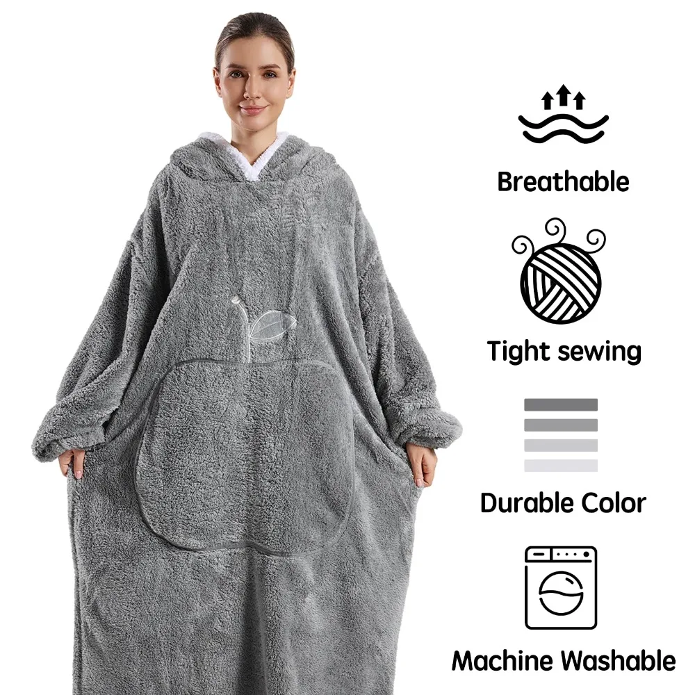 بطانية شيربا من الصوف يمكن ارتداؤها على الوجهين ملابس نوم بقلنسوة للنساء بأكمام طويلة ملابس نوم بيجامات ملابس منزلية شتوية هدايا #4