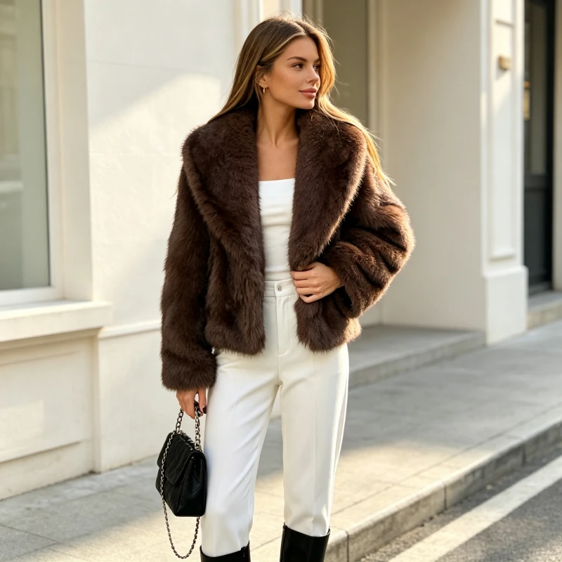 Women Faux Fur Coats Big Turn Down Collar Long Sleeves Open Stitch Straight Fit Casual 2026 Autumn Winter Solid Short Jackets