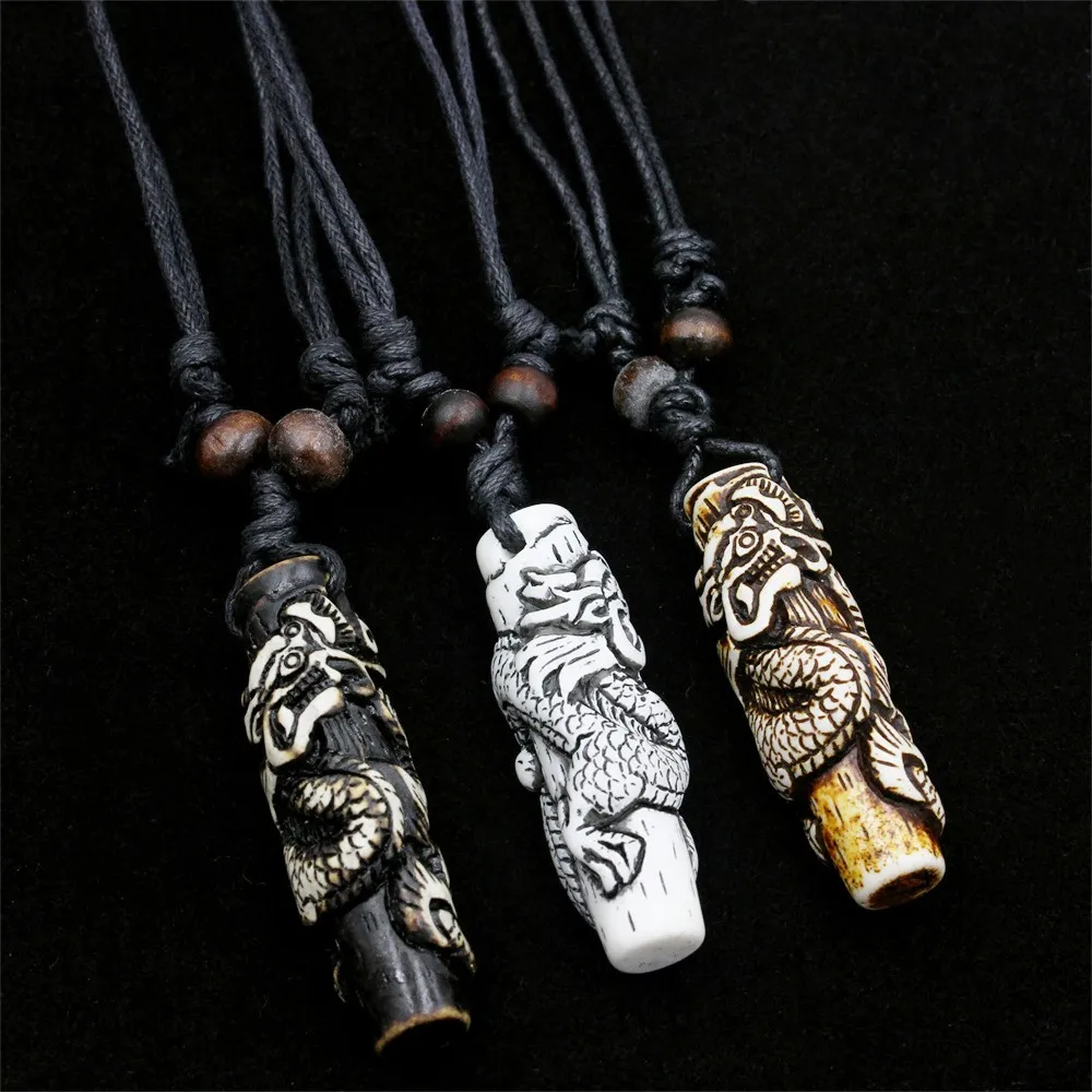 Cool Dragon Necklace Imitation Yak Bone Carved Chinese Dragon Totem Charms Pendant Necklace Amulet Gift Jewelry