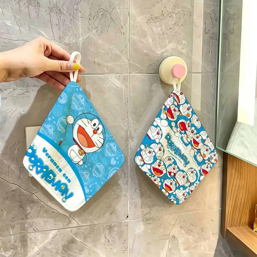 Kwaii Anime D-DoraemonS Polyester Cotton Hanging Kitchen Towel, Absorbent Hand Wiping Cloth for Daily Cleaning Drying