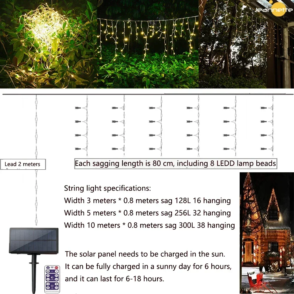 Outdoor Solar String Fairy Lights, LED Cortina, Scicle, Street Garland, Dia das Bruxas, Casamento, Decorações de Natal