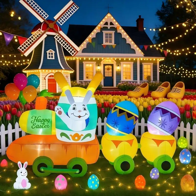 

Inflatable Easter Holiday Festival Model 2.8M/9FT Bunny Easter Egg Train DIY Decor with LED Lights Outdoor Garden Yard Ornament