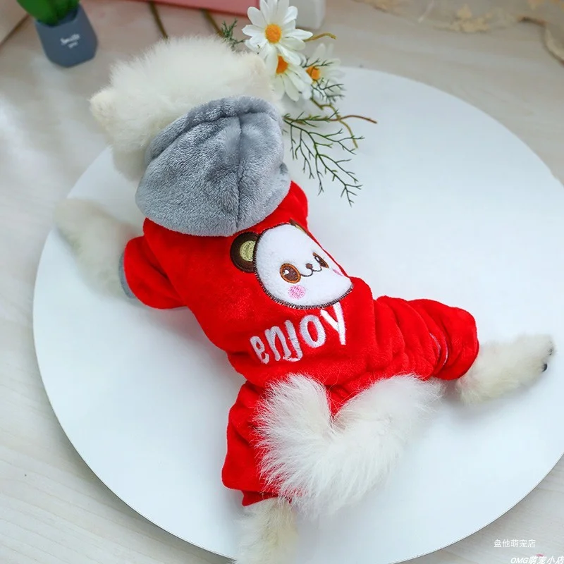 1PC Pet Apparel Dog Autumn and Winter Thickened Furniture Red Bear Four legged Coat Suitable for Small and Medium sized Dogs