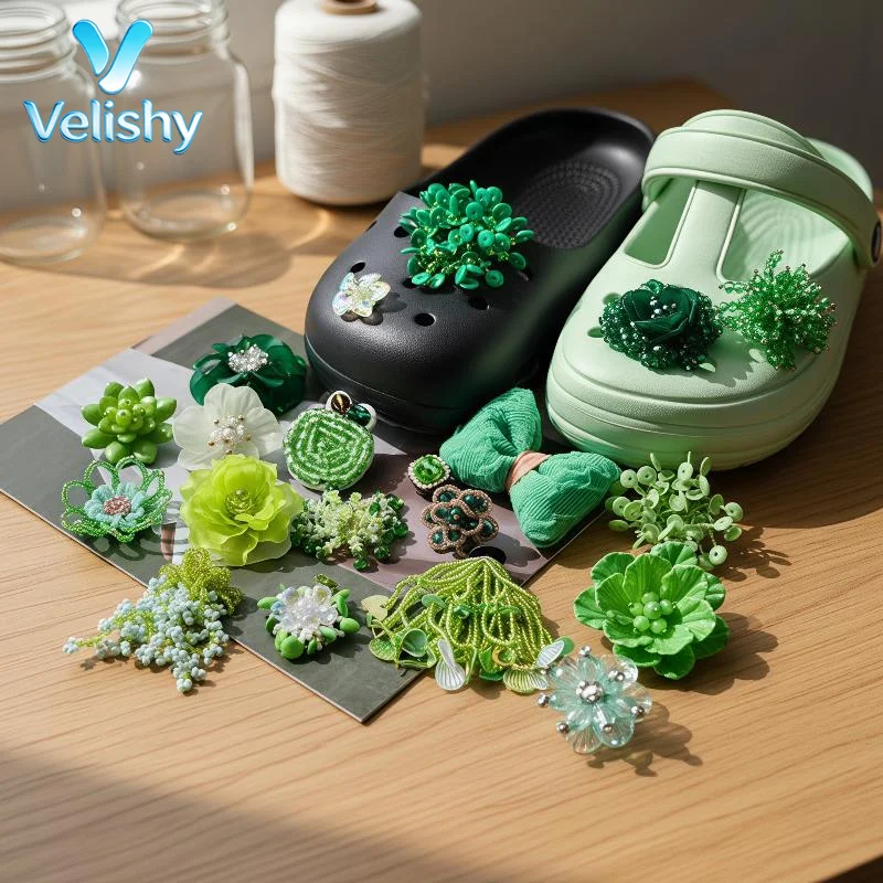 Green Series 3D Handmade Beaded Flower Shoe Charms, DIY Decor For Women Girls Summer Jelly Shoes Sandals Slippers