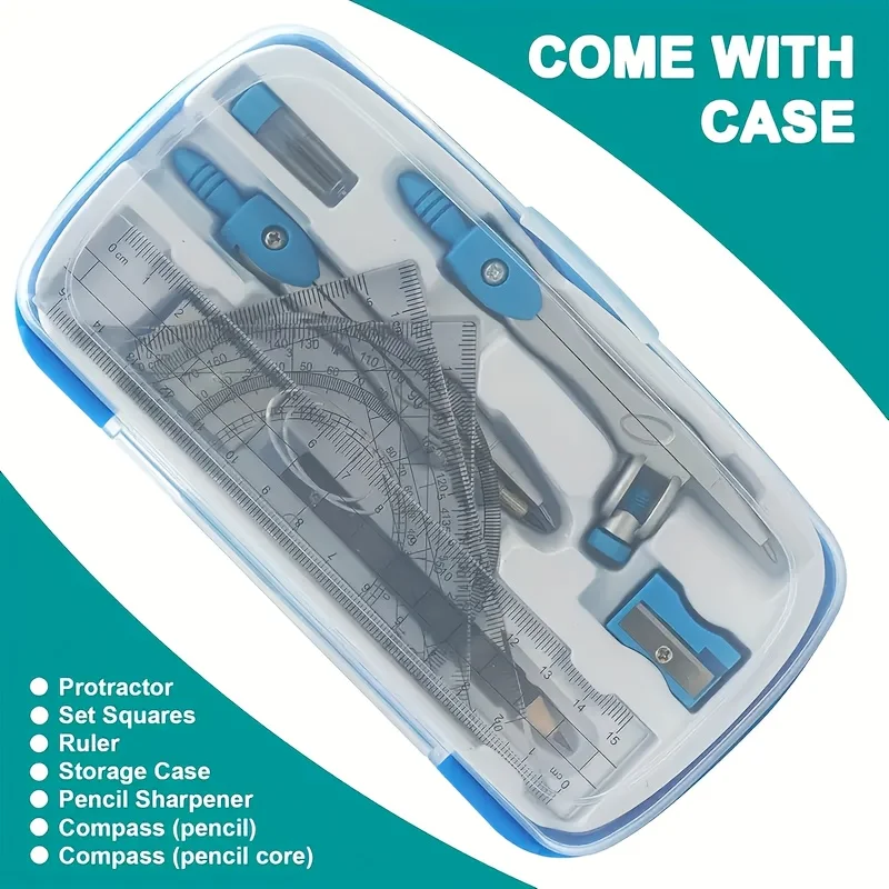 10 قطع لكل صندوق مجموعة أدوات الرياضيات متعددة الألوان، بما في ذلك البوصلة، المنقلة، المسطرة، الممحاة، قلم رصاص وغيرها من الرسم