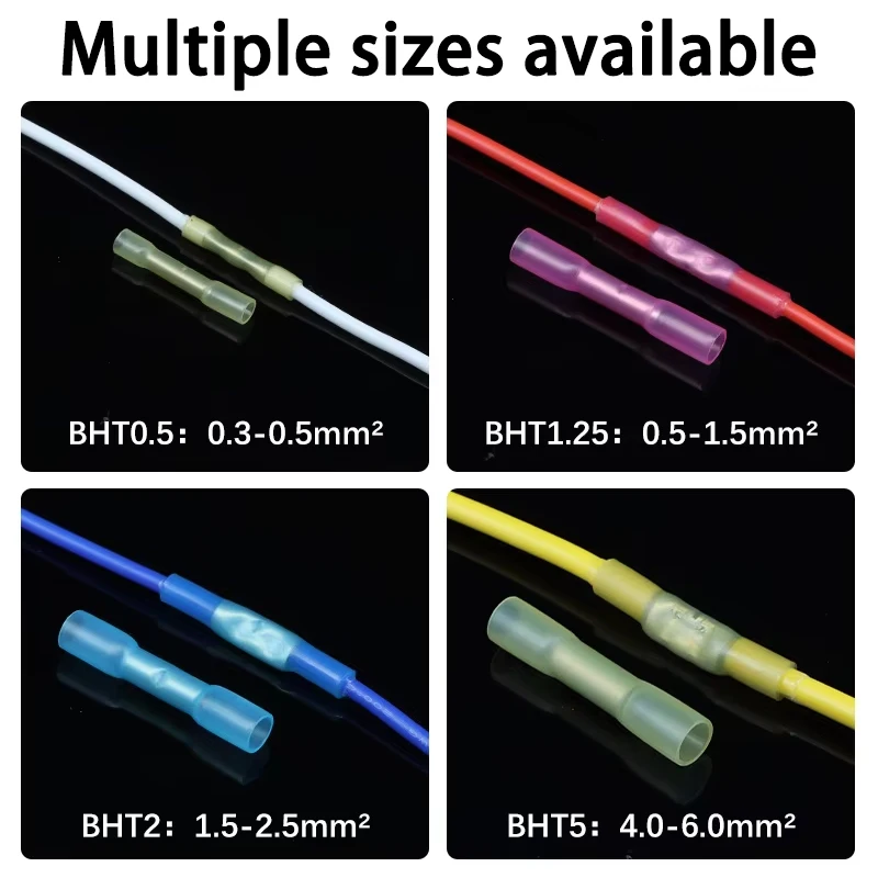 10-500pcs Waterproof Heat Shrink Terminals Butt Connectors BHT0.5 BHT1.25 BHT2 BHT5 Insulated Copper for 22-10AWG Wire