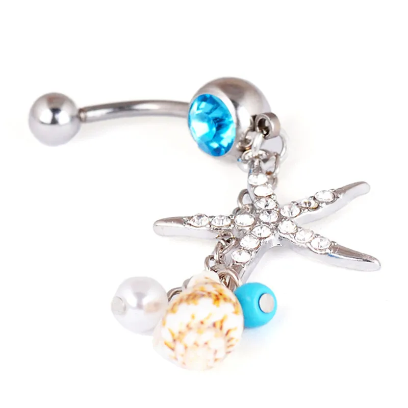 Fashion Surgical Steel Crystal Starfish Conch Body Navel Belly Ring Button Piercing Bar