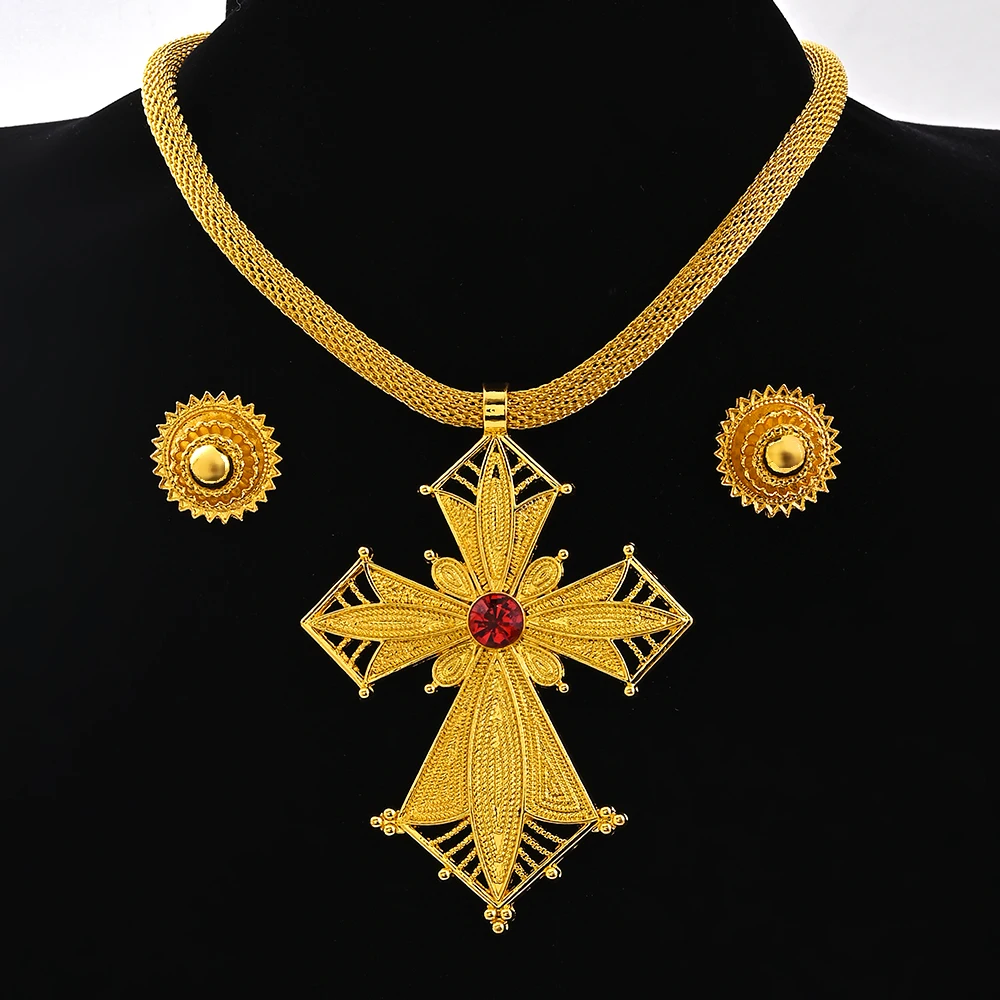 Ethiopian Big Size Pendant Chokers Collar and 2CM Earrings Ethiopian Jewelry Sets Eritrean African Habesha