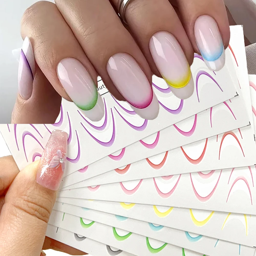 8pcs สีสันลาย Ombre ออกแบบสติกเกอร์เล็บชุดภาษาฝรั่งเศสคํา Gradient Line เล็บ DIY WAVE Line Transfer Slider เล็บ Decals