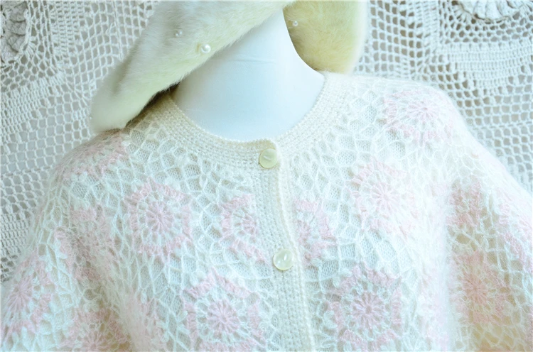 Ladies Women Spring Autumn Clothing Hairy Angora Wool Mohair Knitted Double Hook Flower Slim Cardigans Jacket Sweater Jacket Top