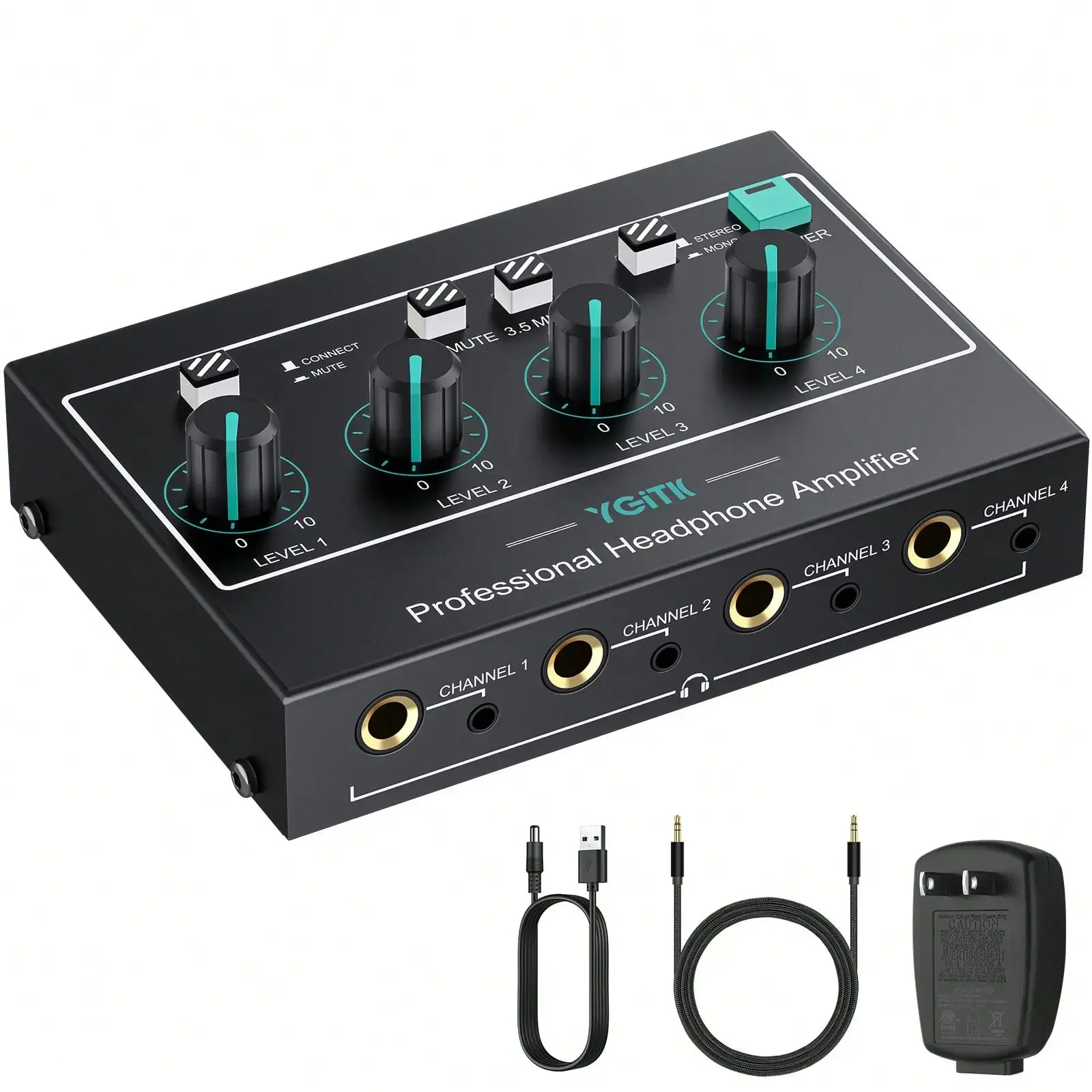 Multi-function 4 Channel Professional Headphone Amplifier Mono Stereo Audio Amp 3.5mm with Power Adapter for Studio and Stage