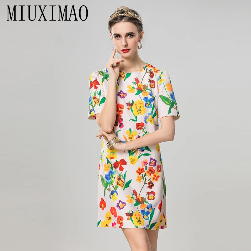 

MIUXIMAO 2025 Fashion Royal Luxury Summer Dresses Retro Floral Diamonds Dress A-LINE Mini Short Dress Women Vestides
