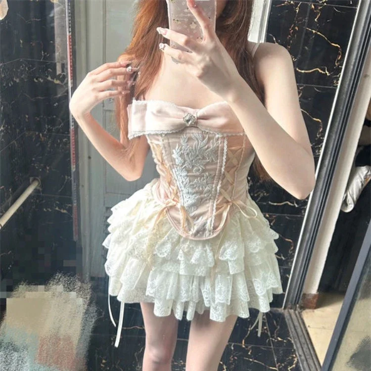 

2025 Summer New Two Piece Sets Fashion Sweet Pink Bow Slim Fit Camisole Vest Y2k Grungehigh Waist Ruched Lace Cake Skirts