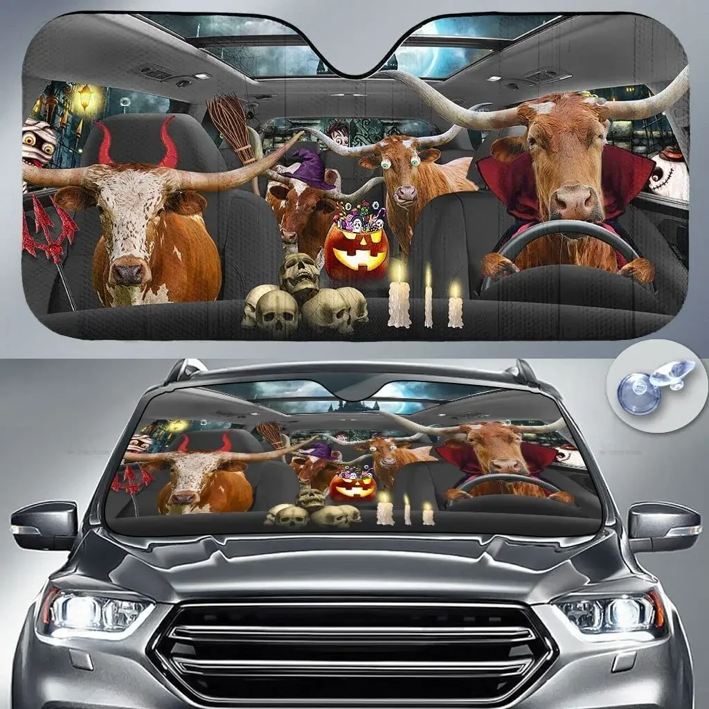 Funny Texas Longhorn Cattle Family in Costumes Halloween Farm Car Sunshade Windshield Window, Gift for Farmer, Car Windshield Au