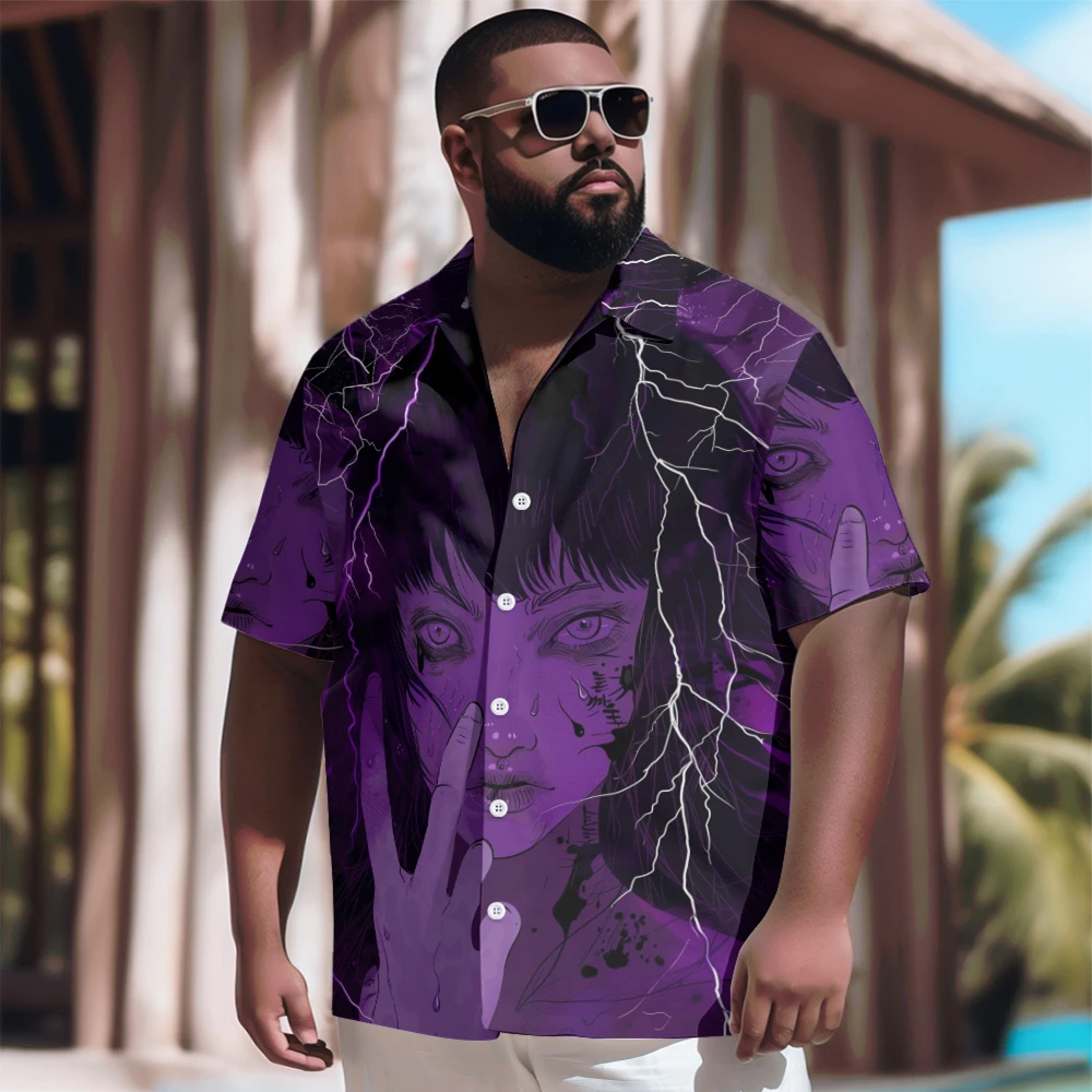 New Hawaiian Shirt Men Goth Men Lightning Purple Girl Printed Casual Short Sleeve Tops Vintage Plus Size Summer Shirts