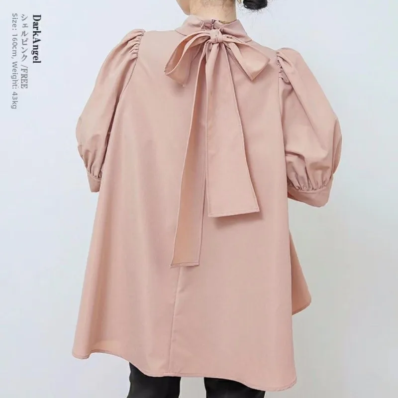 

Japanese Sle Large Size Lantern Sve irt Women's Summer Casual ort Sve Knot Collar Trendy Bubble Sve