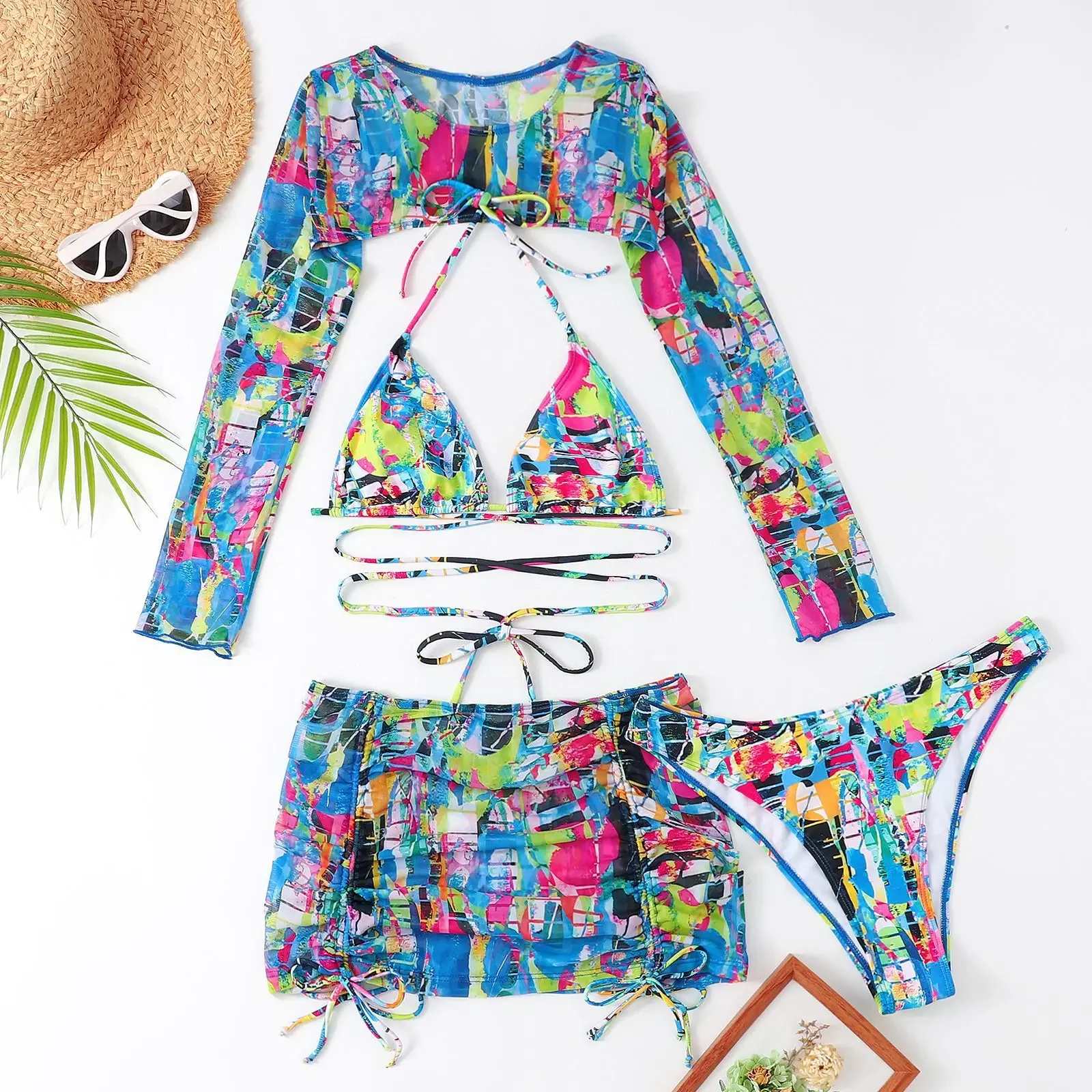 2025 nouveau 4 pièces ensemble maillot de bain femmes string maillots de bain Sexy à manches longues Micro Bikini ensemble avec jupe Graffiti maillots de bain maillot de bain