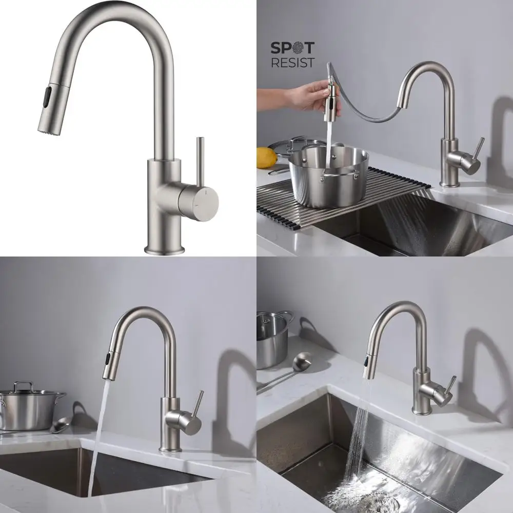 싱글 핸들 주방 수도꼭지 - 스프레이어가 있는 높은 아크형 스파우트 |   견고한 황동 구조 |   간편한 청소를 위한 싱크 수도꼭지