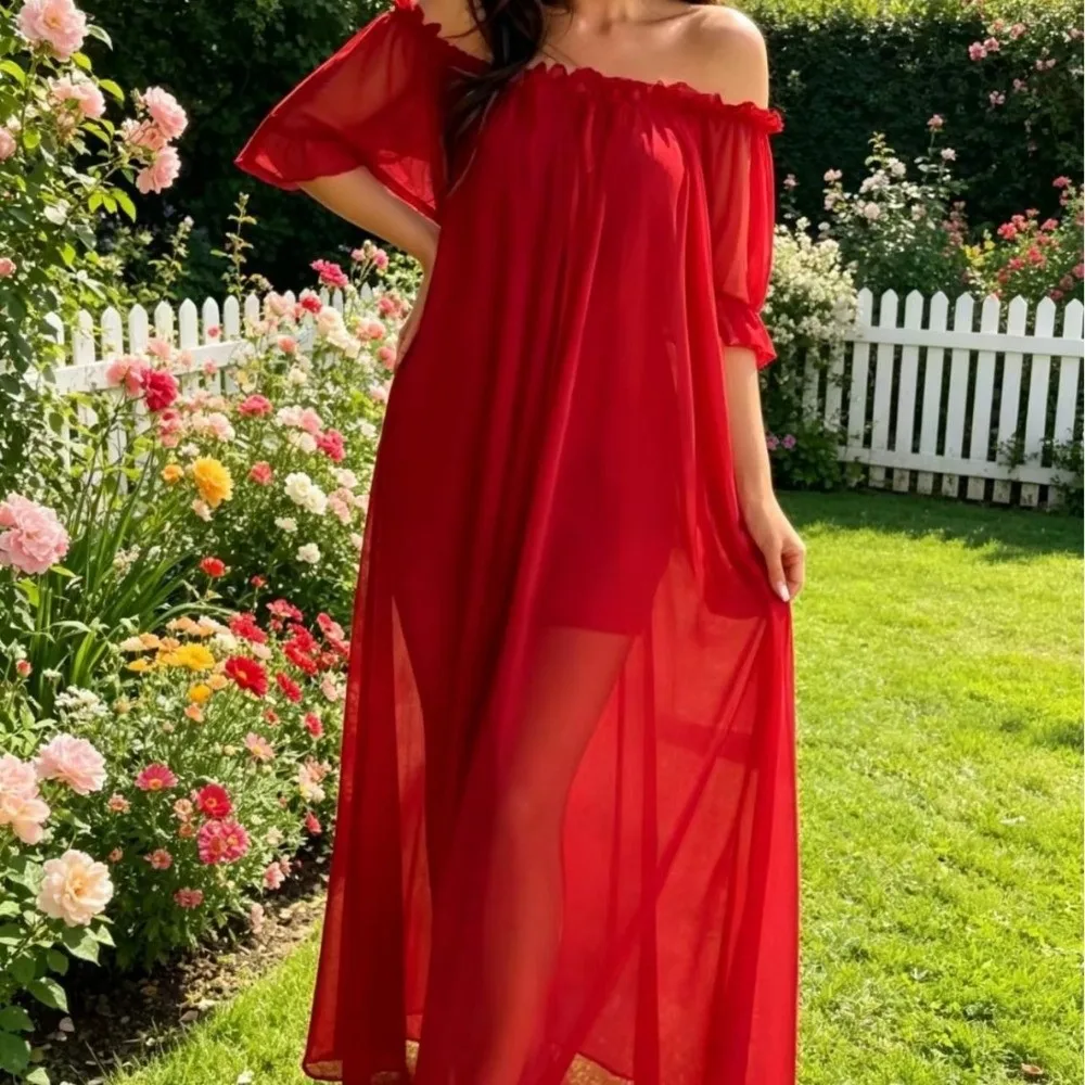 Home Dress Off Shoulder Sheer Nightgown Ruffle V-neck Mesh Nightdress Short Sleeve Transparent Ladies' Nightwear Lounge