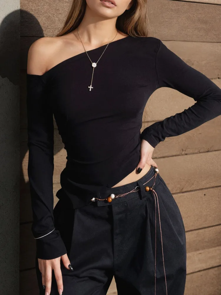 

Articat Fashion Long Sleeve Irregular Off-Shoulder T-Shirt Women Sexy Backless Stretchy Female Top Autumn Winter New Streetwear