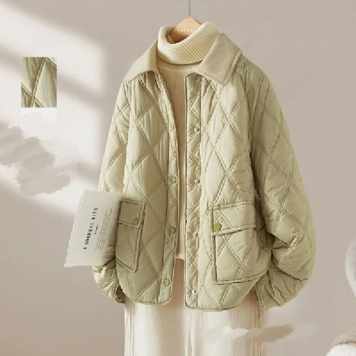 

Элегантная хлопковая короткая куртка с ромбовидной сеткой, новинка зимы 2025 года, свободная толстая теплая верхняя одежда, женский однобортный топ с лацканами