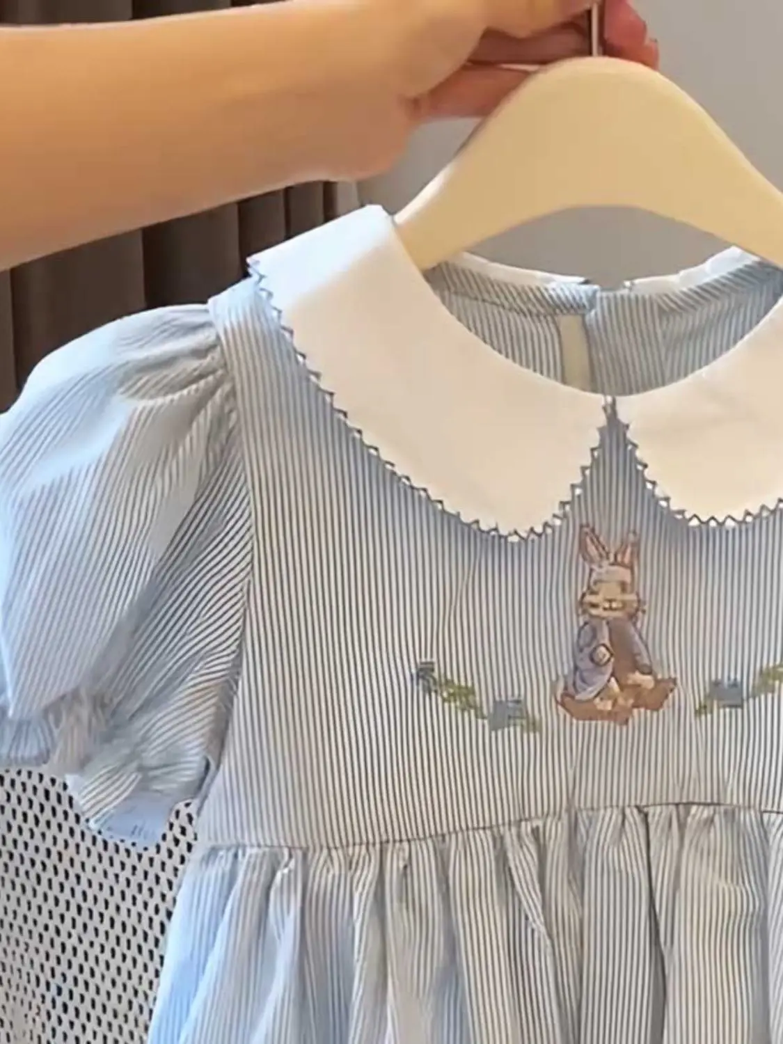 Baby Girls\' Short sleeved Dress Summer Dress New Children\'s Bubble Sleeve Fashion Striped Rabbit Dress Embroidered