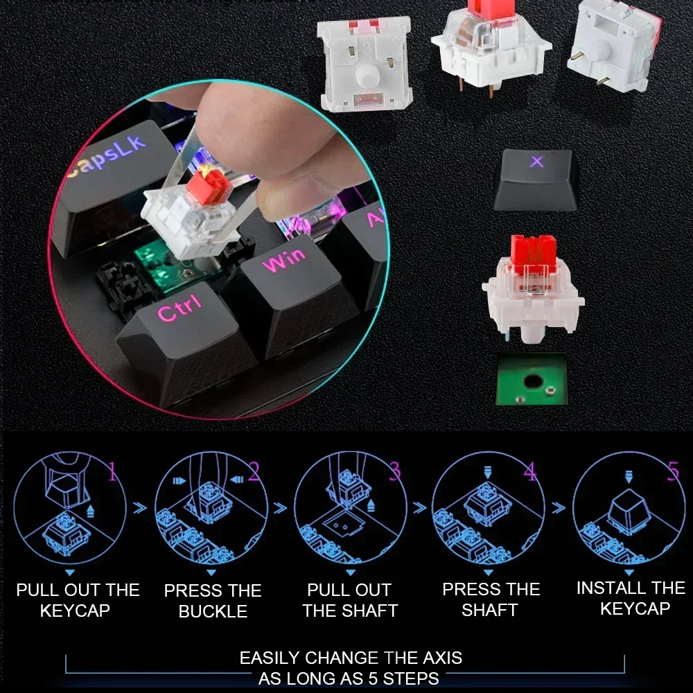 Baru! K617 RGB USB Mini Mechanical Gaming Keyboard Red Switch 61 Keys Kabel berkabel yang dapat dilepas, portabel untuk bepergian