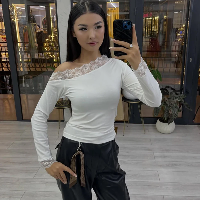 Women's One-Shoulder Lace Slim Long Sleeve T-Shirt Top