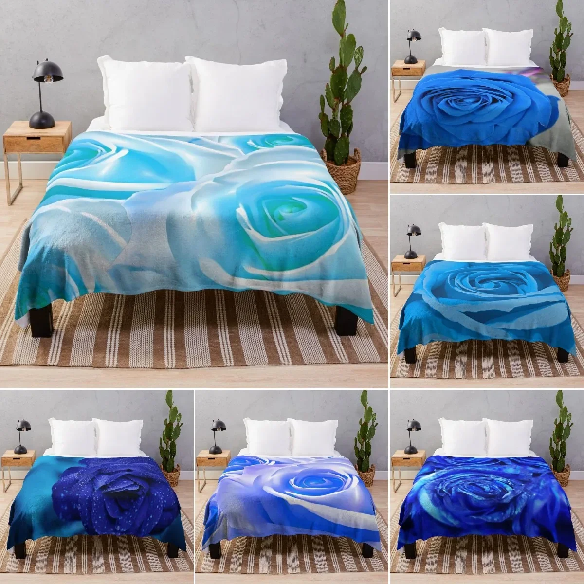Blue Rose Flannel Throw Blanket Valentine's Day Romantic Theme Flower Pattern Gift Lightweight Warm Super Soft King Queen Size