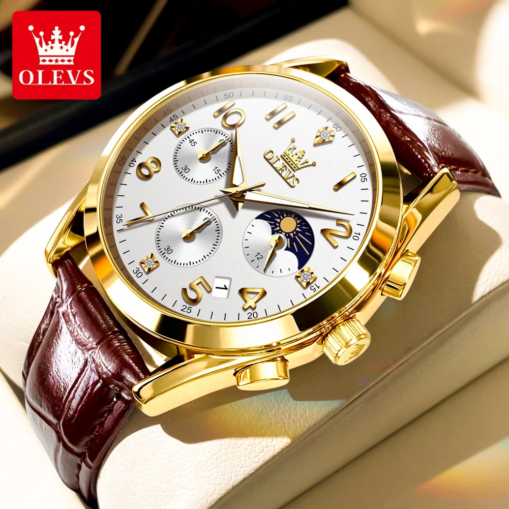 Olevs Mannen Horloges Fashion Casual Originele Quartz Horloge Voor Man Waterdichte Lichtgevende Horloge Chronograph Maan Fase Datum 2023