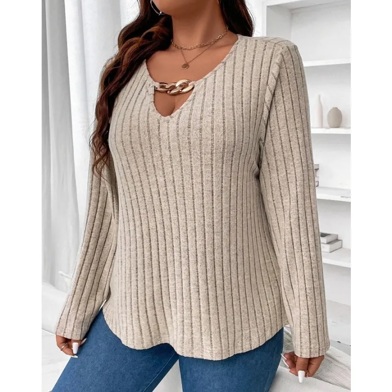 Sweter damski Solid Commute Elegant V-neck Modny Pit Stripe Długi rękaw Plus Size Top Wszechstronna Odzież Jesień Zima