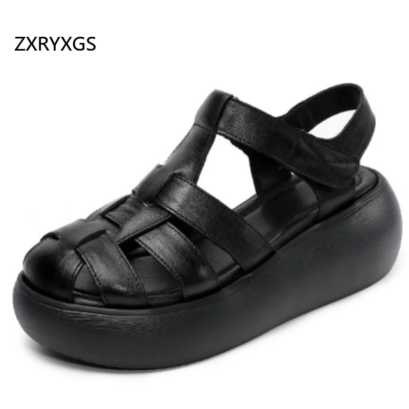 ZXRYXGS Premium Cowhide Woven Hollow Round Toe Roman Sandals 2026 Summer Women's Sandals Platform Elevator Shoes Wedges Sandals