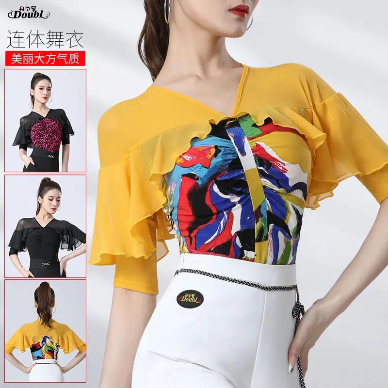 Doubl Latin dance blouse new fashion printing mesh yarn stitching back ballroom dance social dancewear dress