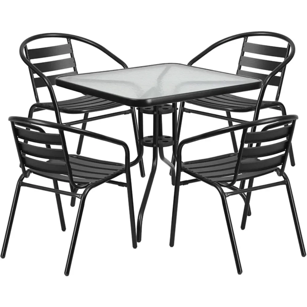 Conjunto de jantar de pátio de 5 peças com mesa quadrada de metal de vidro de 31,5" e 4 cadeiras empilháveis com encosto de ripas, mesa interna/externa