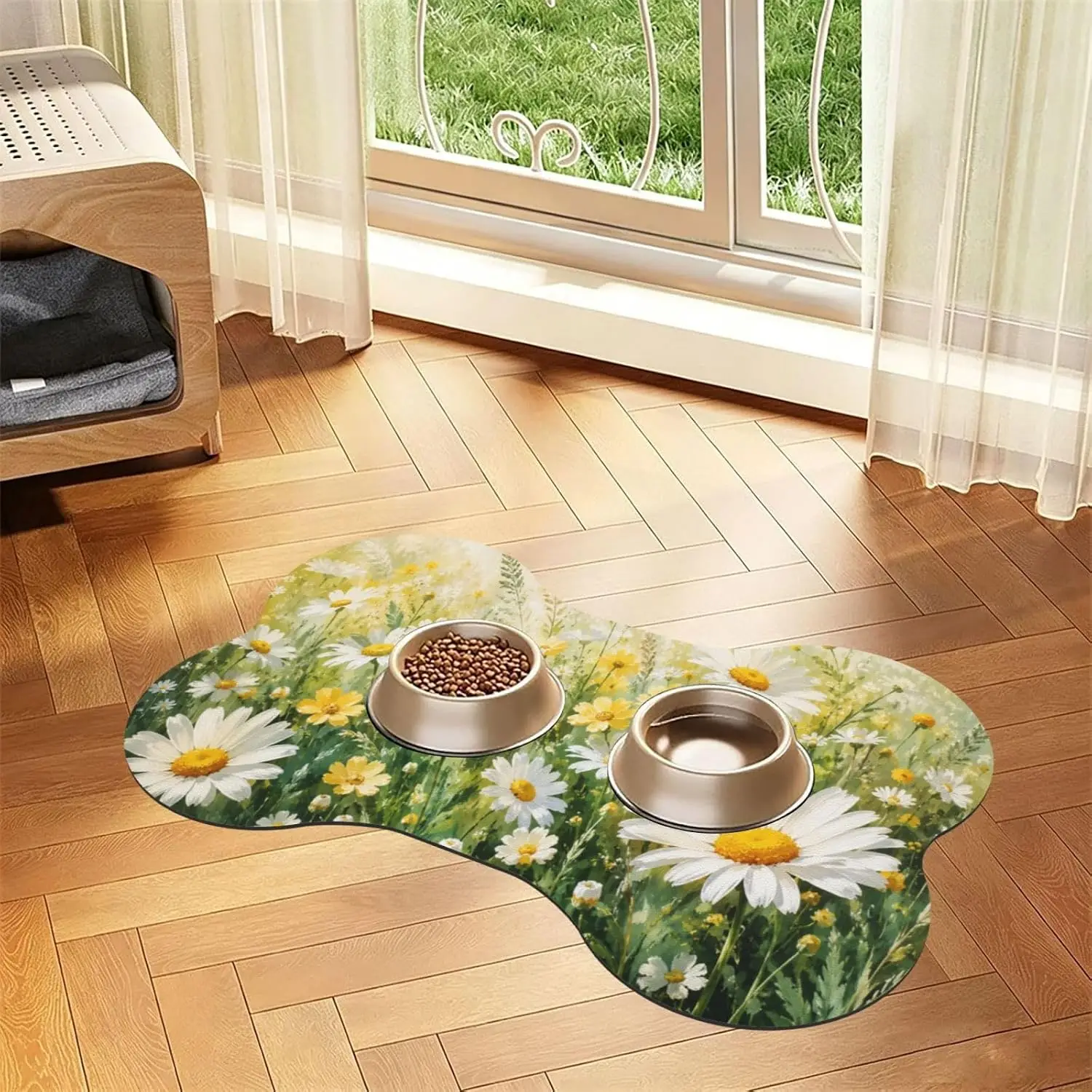 Daisy Field Floral White Bone Shaped Pet Feeding Mat 16
