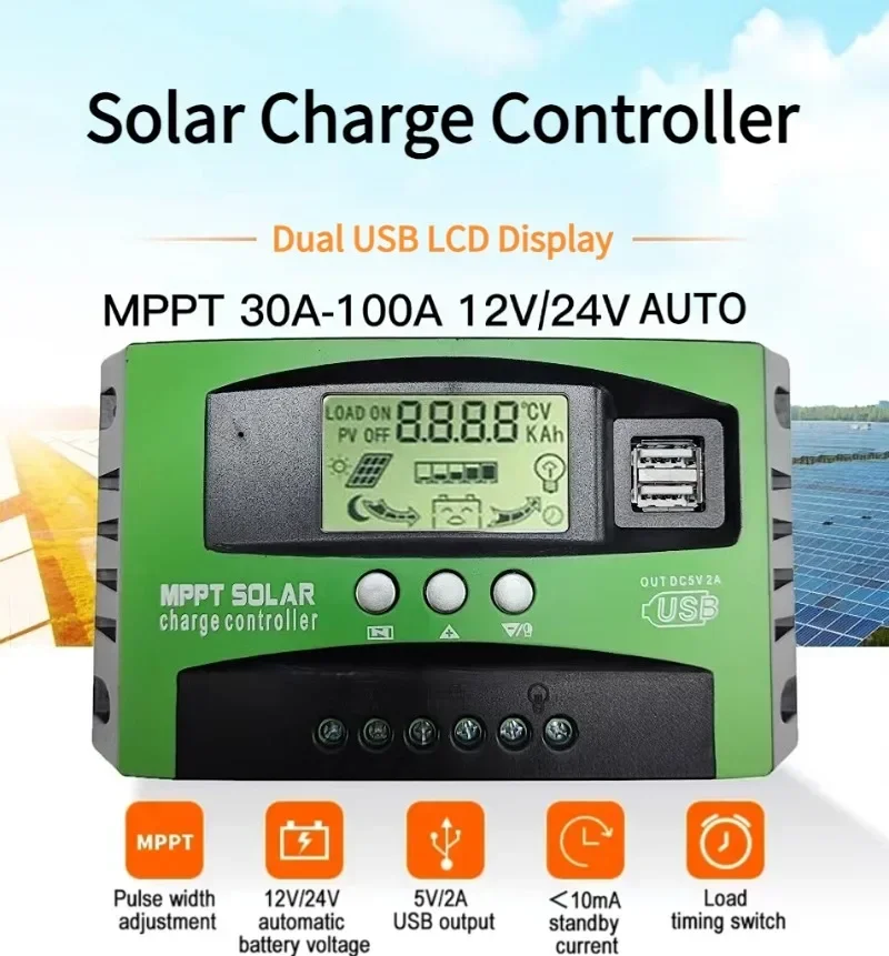 MPPT Solar Charge Controller 30A 40A 50A 60A 80A 100A Dual USB LCD Display 12V 24V Solar Cell Panel Charger Regulator with Load