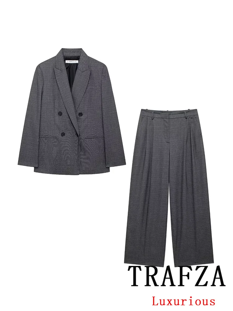 TRAFZA-Blazer Croisé Vintage Chic pour Femme, Pantalon Droit, Couleur Unie, Gris Trempé, Mode Automne-Hiver 2024