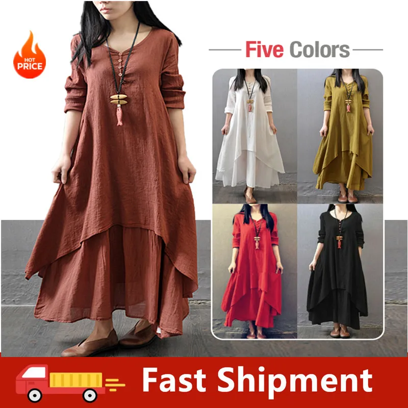 

Summer Women Linen Dress Gypsy Maxi Boho Vintage Kaftan Loose Dress Fake Two-piece Literary Irregular Large Swing Dress Robe