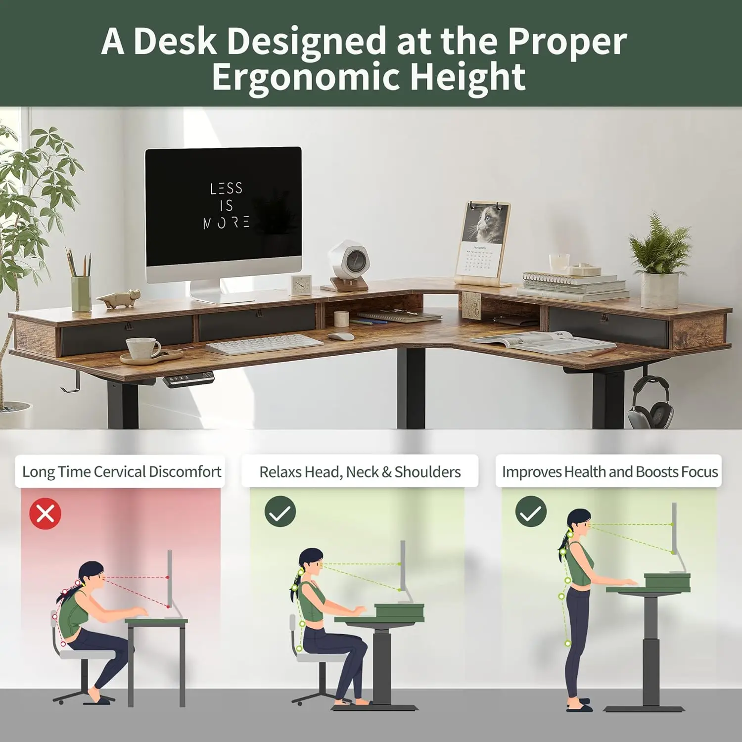 Bureau sur pied électrique réglable en forme de L, bureau debout d'angle avec planche à épissure, 3 égouts de proximité, recommandé