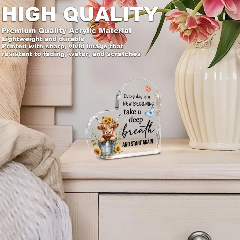 Highland Cow Sunflower Heart‑Shaped Acrylic Desk Ornament Inspirational Quote Plaque Home Office Encouragement Decor Gift