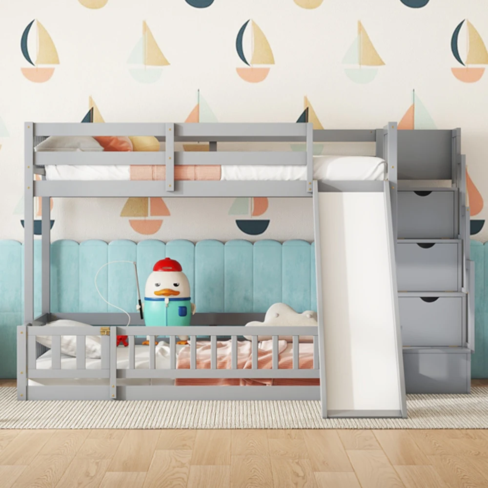 Twin Over Full Bunk Bed with Slide, Storage Staircase, Pine Solid Wooden Bunk Bed with Safety Guardrails ,Grey and White