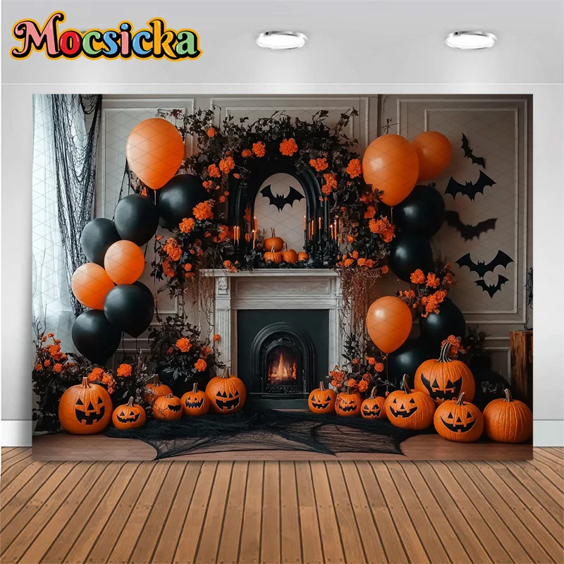Tła Mocsicka Halloween Dynia Czarny Kominek Pomarańczowe Balony Tła Imprezowe Fotografia Wewnętrzne Dekoracje Nietoperze Baner