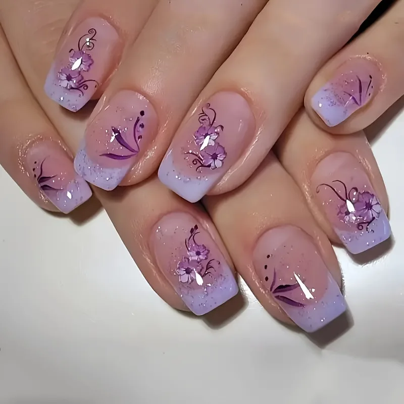 24pcs White Flower False Nails Blue Short Square Press on Acrylic Nail Fashion Wearable Fake Nails with Jelly Glue Stick on Nail