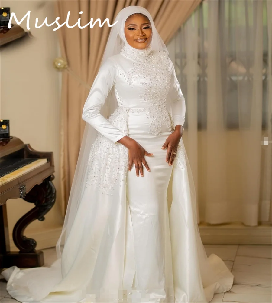 Luxury Muslim Mermaid Wedding Dress With Overskirt Ivory Islamic Nigeria Plus Size Dubai Bridal Gowns Elegant Bride Customized