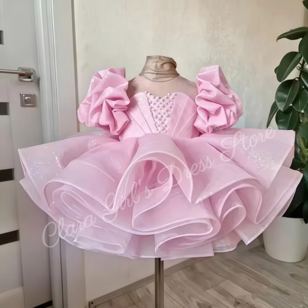 Adorable vestido de niña de flores con decoración de lazo de perlas, falda hinchada de manga corta, perfecto para fiestas de cumpleaños de bebés, primera comunión