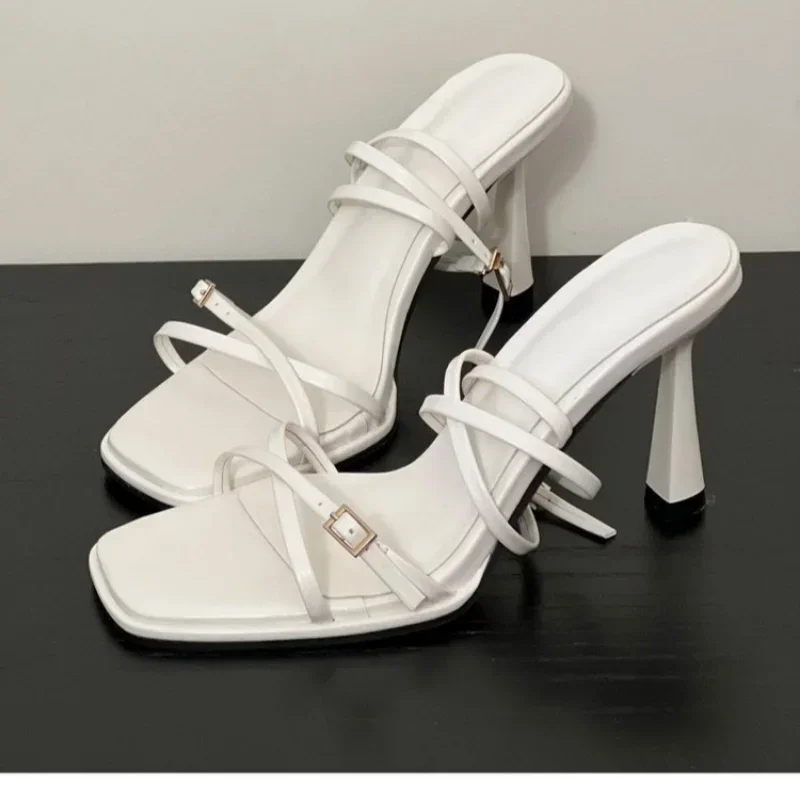 Sandálias de salto alto para mulheres, sapatos de festa sexy respirável para senhoras, alça cruzada frontal, dedo do pé aberto, dedo do pé quadrado