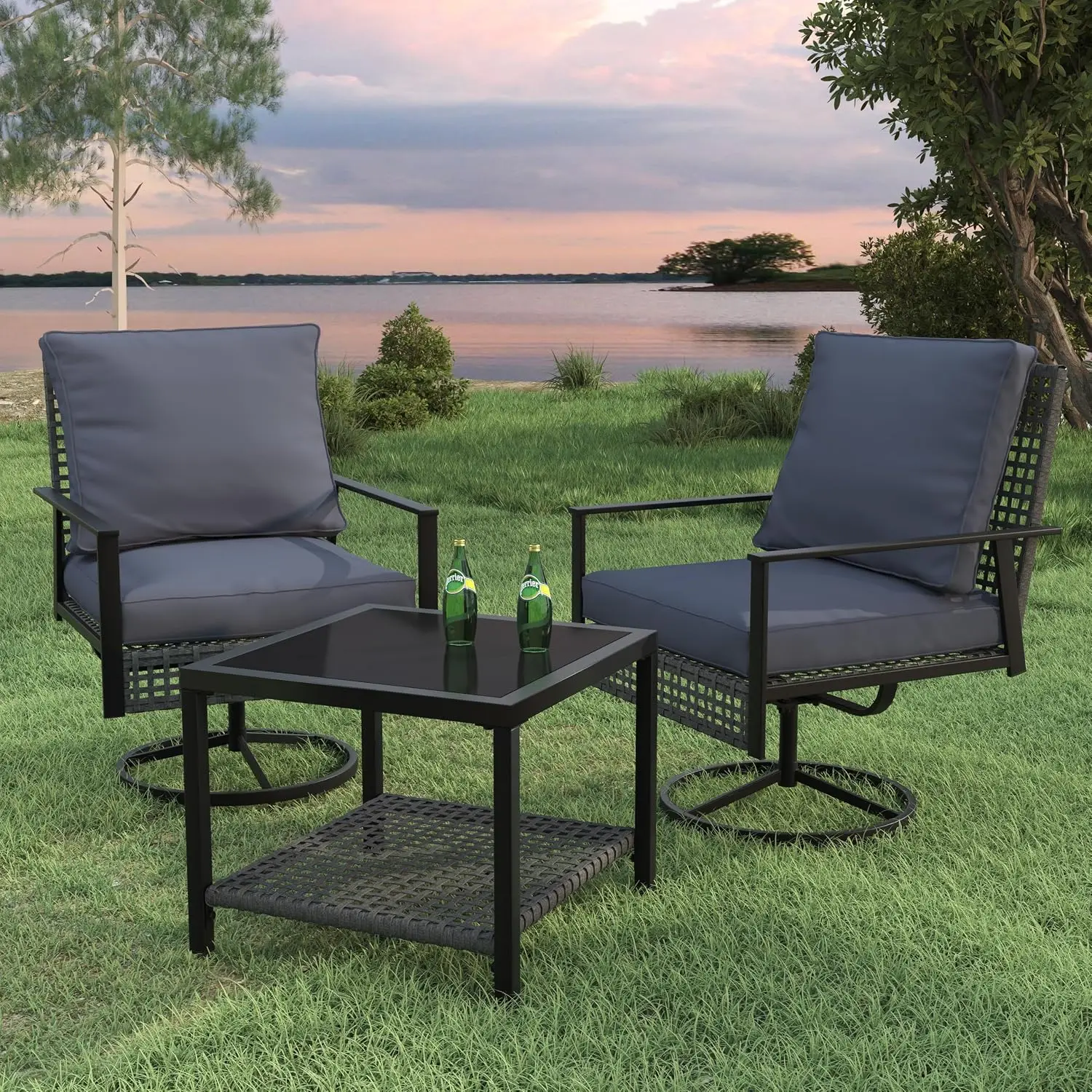 3-Piece Wicker Swivel Rocker Patio Chairs Set with Rattan Side Table for Porch Pool Outdoor, Grey, Customized