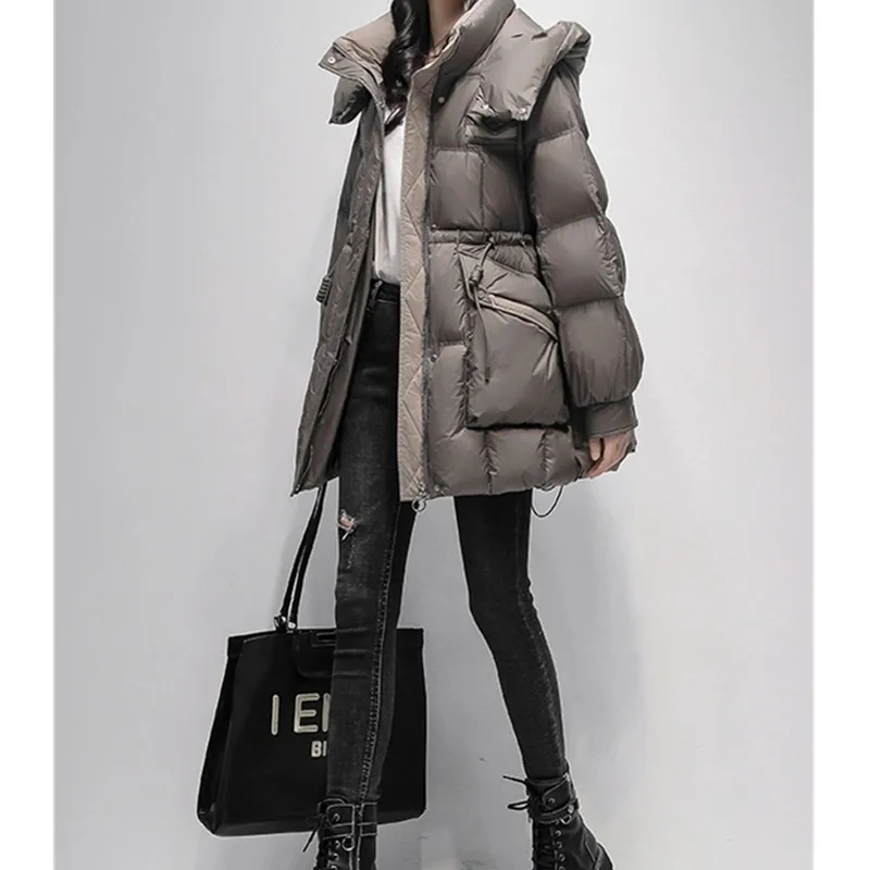 Grey Hooded White duck down Jacket 2025 Winter New Korean version Women's Loose Thicken Down Coat Female Warm Parka Overcoat